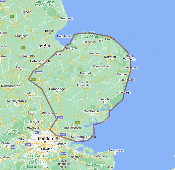 A map showing our area of operation (east anglia)
